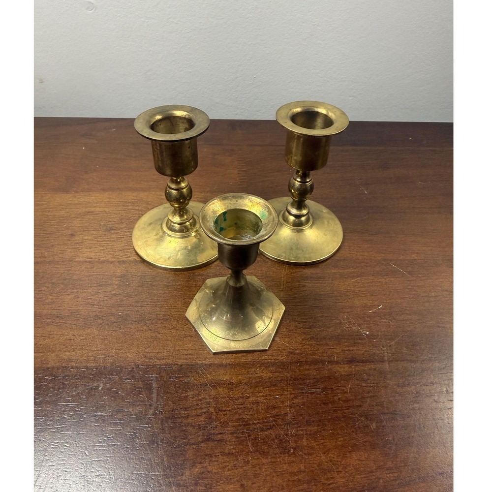 Vintage Solid Brass Candlestick Holders Set of 3 Round Hexagonal Made in India